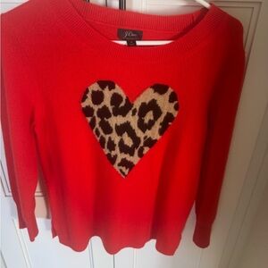 J. Crew Vibrant Red Cashmere Sweater with Leopard Heart